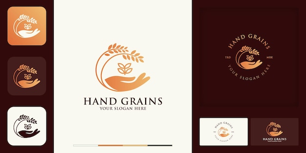 Logo della mano di grano o grano e design del biglietto da visita