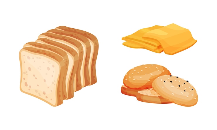 Vector wheaten toast bread bun and cheese set ingredients for burger and sandwich vector illustration
