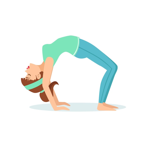 Wheel Chakrasana Yoga Pose Demonstrated By The Girl Cartoon Yogi With Ponytail In Blue Sportive Clothing Vector Illustration