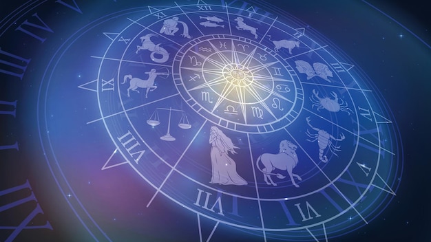 Wheel chart with zodiac signs in space astrology and horoscope