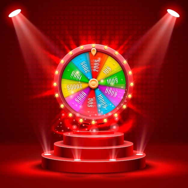 Vector wheel of fortune on the catwalk. isolated on red background. vector illustration