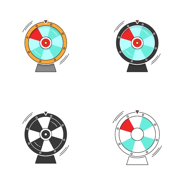 Wheel of fortune or luck roulette spinning icon vector set flat cartoon and line outline stroke art