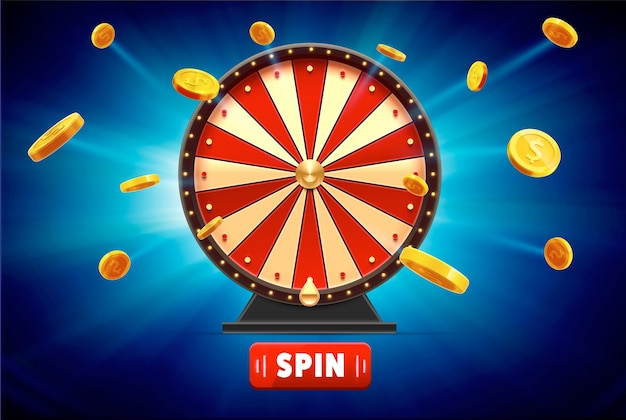 Vector wheel of fortune with gold coins 3d object isolated on blue glow