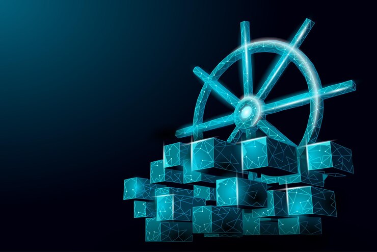 Vector wheel helm on container computer developer app concept business digital open source program data cod...