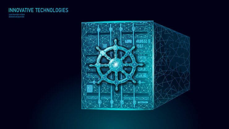 Vector wheel helm on container computer developer app concept business digital open source program data cod