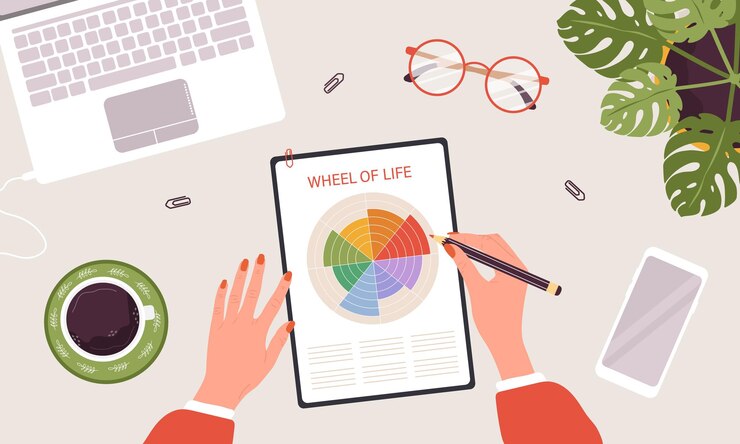 Vector the wheel of life female hand drawing circle diagram of life balance top view workplace