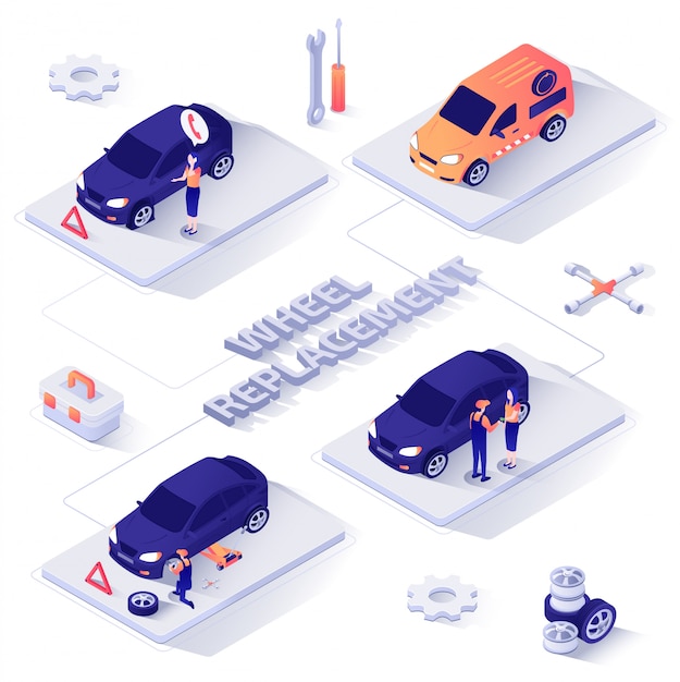 Wheel replacement service isometric vector banner