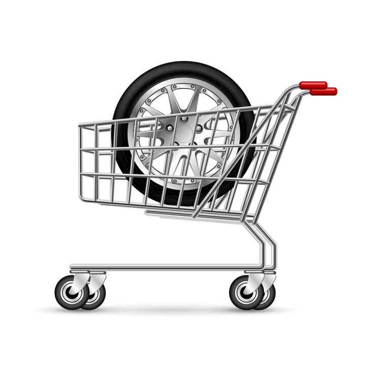 Wheel in the shopping cart, isolated on white background.