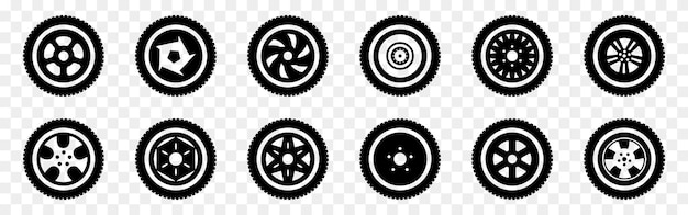 Vector wheel tire icons in black on a transparent background car tire icons collection black rubber wheel tire icons vehicle or automobile tire alloy wheel signs in black