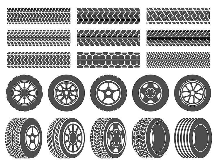 Vector wheel tires. car tire tread tracks, motorcycle racing wheels icons and dirty tires track   illustration set