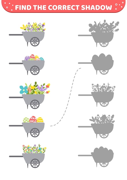 Цветы тачки Пасхальные яйца Найдите правильную тень Игра на совпадение теней Мультяшный вектор