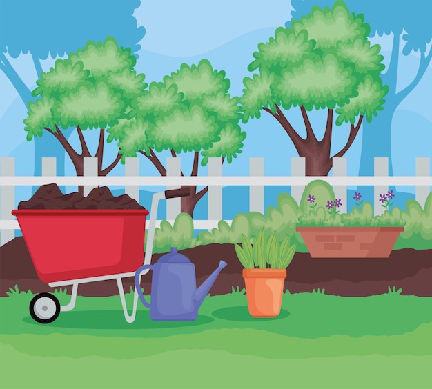 Vector wheelbarrow and gardening tools scene