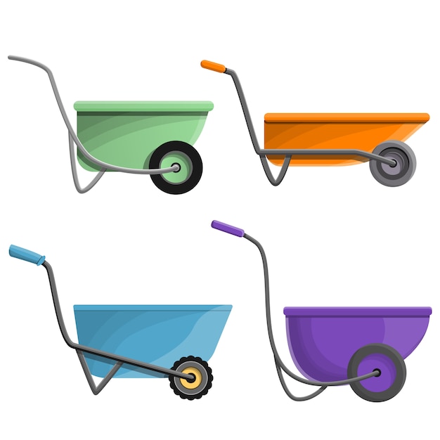 Wheelbarrow icon set, cartoon style