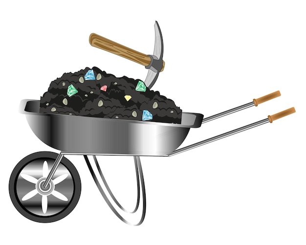Wheelbarrow loaded by sort with jewels and pickax