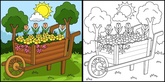 Wheelbarrow with Flowers Coloring Illustration