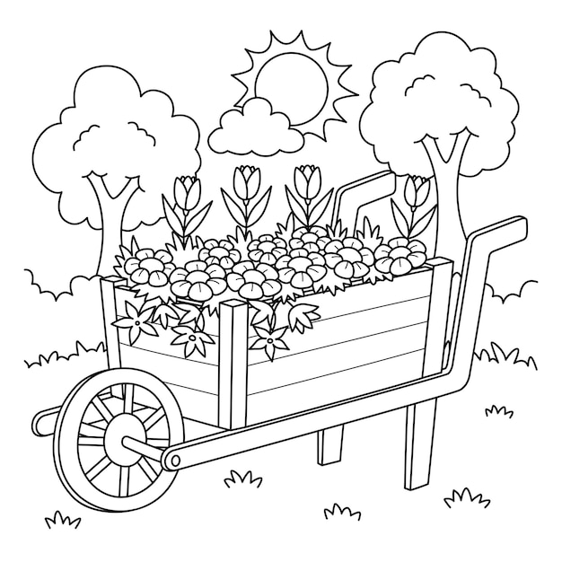 Wheelbarrow with Flowers Coloring Page for Kids