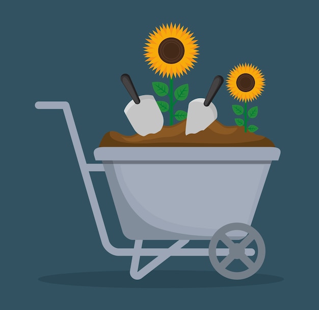 wheelbarrow with flowers and shovels 