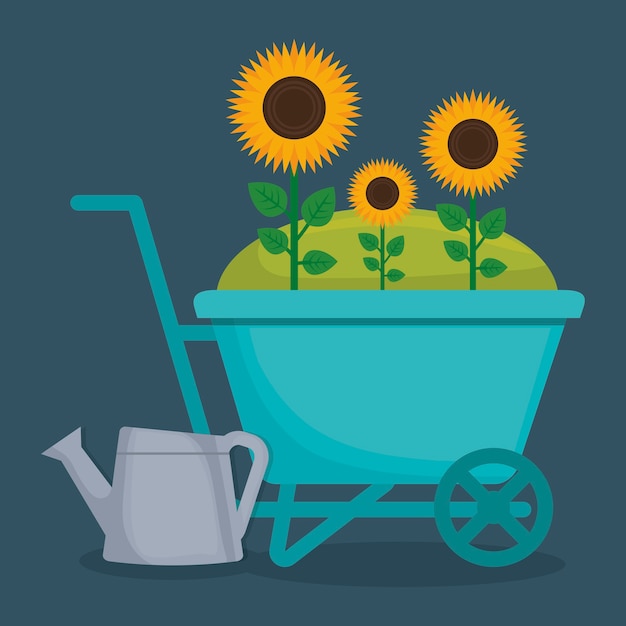 wheelbarrow with flowers and watercan icon 