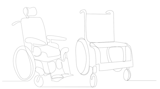 Инвалидная коляска одна непрерывная линия рисует изолированный вектор