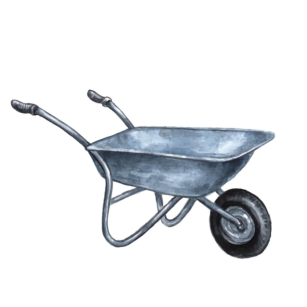 Whellbarrow garden tool Watercolor illustration