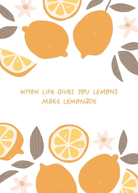 When life gives you lemons make lemonade Typography poster summer print with lemons and leaves