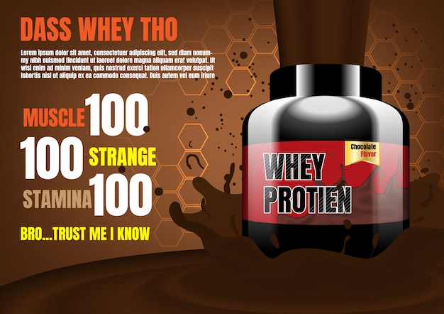 Vector whey protein with splash cocoa on brown background with small hexagons