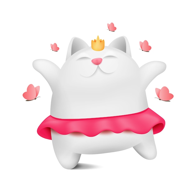 Vector whie kitty ballerina cartoon character dancing in pink skirt