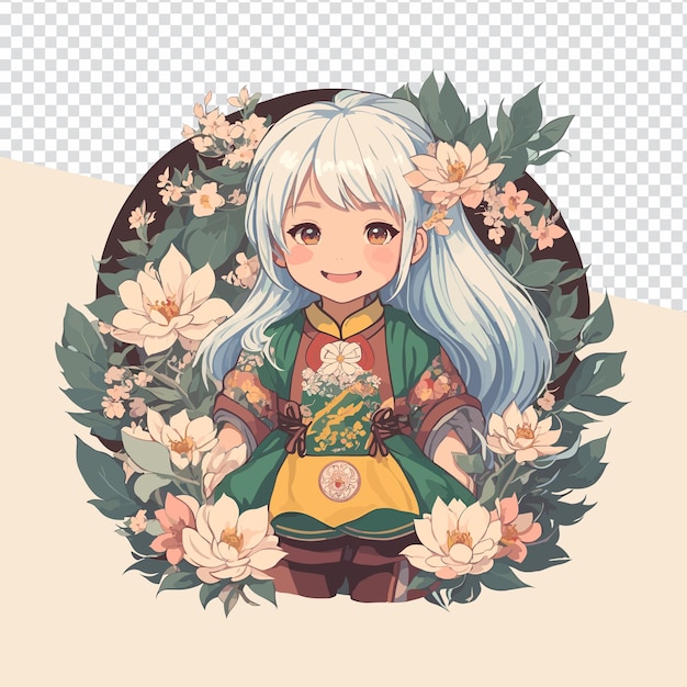 Whimsical anime girl vector illustration with white hair amp floral surroundings sticker