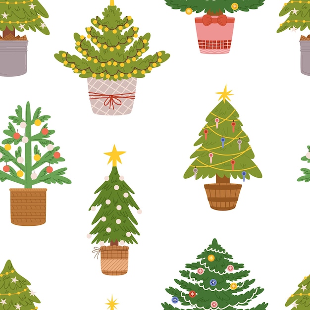Premium Vector  Whimsical christmas tree pattern with potted evergreens perfect for festive 
