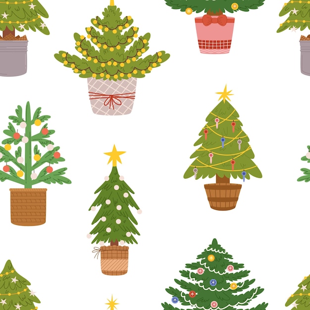 Vector whimsical christmas tree pattern with potted evergreens perfect for festive decor repeating design adds holiday charm to wrapping paper textiles and wallpapers cartoon vector illustration