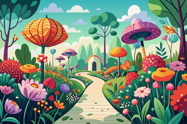 Vector a whimsical garden filled with oversized flowers