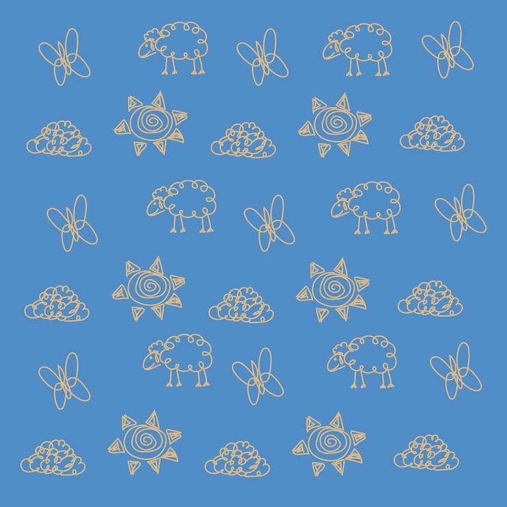 Vector whimsical hand-drawn sheep butterflies sun and clouds on a blue sky