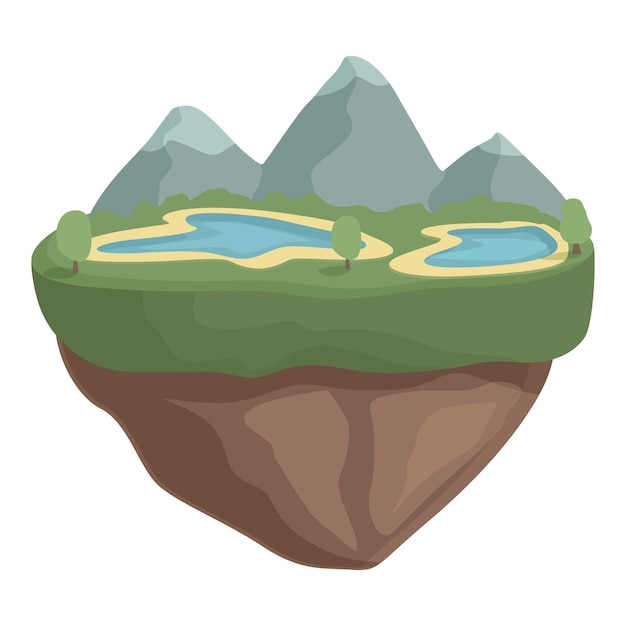 Vector whimsical illustration of a floating island with mountains lakes and trees