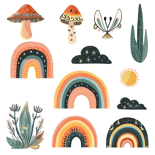 Whimsical illustrations of mushrooms rainbows plants and celestial elements in earthy tones