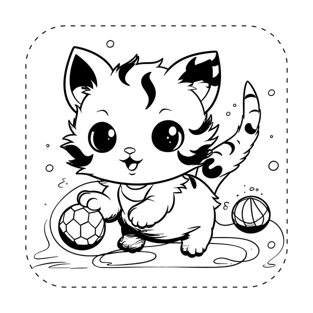 Vector whimsical kitten and ball coloring book illustration