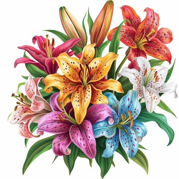 Whimsical Lily Bouquet Animated PNG Illustration Set in Cartoon Style