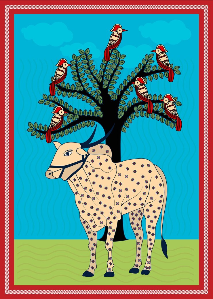 वेक्टर whimsical madhubani art majestic tree and elephant in vibrant harmony wall art stylish decor