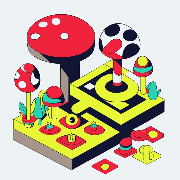 Whimsical petal parade isometric flower garden in cartoon style