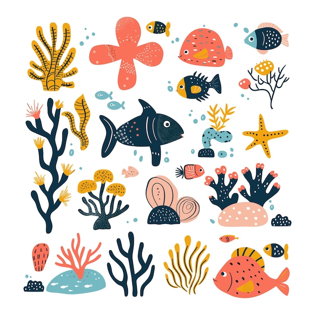 Whimsical sea life illustration with fish starfish and corals