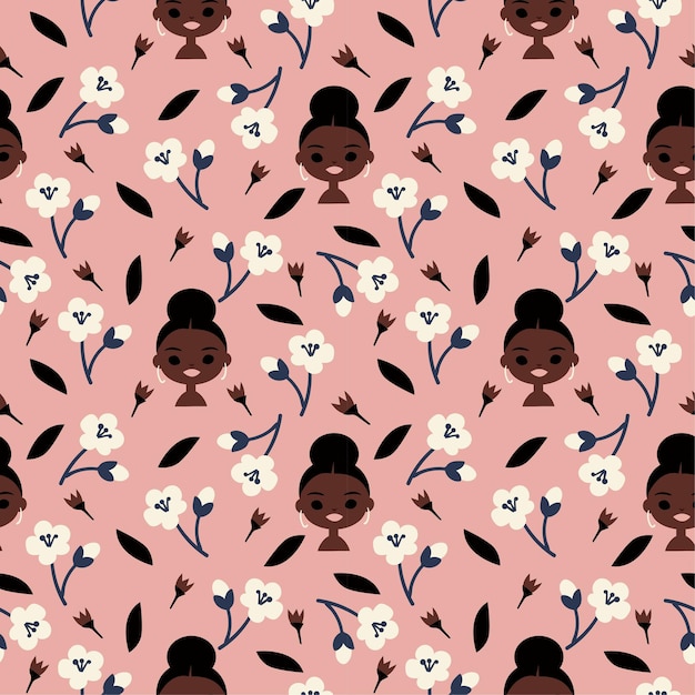 Whimsical seamless pattern of black woman and flower