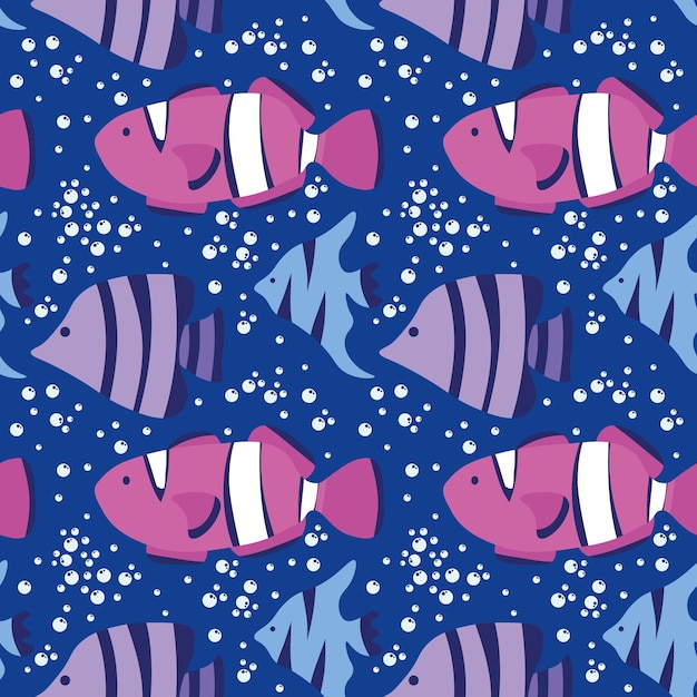 Vector whimsical seamless pattern on blue background with fish and bubbles vector illustration eps sea life