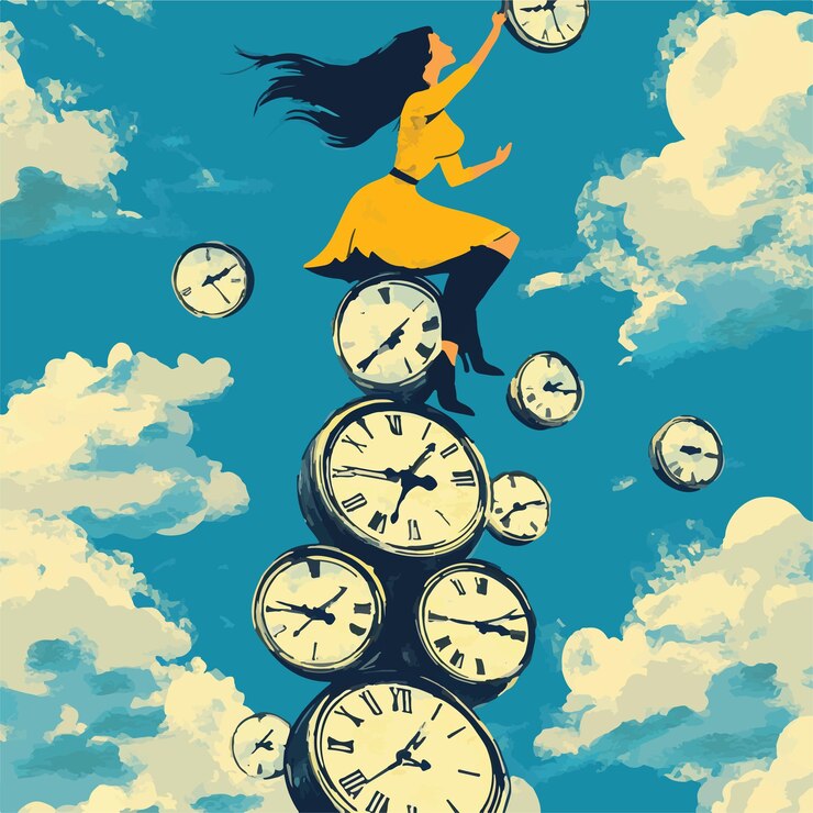 Vector whimsical vector art of a playful woman climbing a clock tower vector illustration