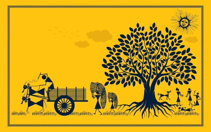 वेक्टर whimsical warli art tree of joy indian kids and rural happiness in vibrant splendor