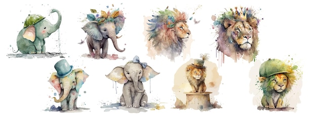 Vector whimsical watercolor collection of lions and elephants adorned with playful hats and crowns illustrating a fusion of majesty