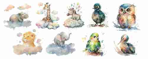 Vector whimsical watercolor collection of wild animals a set of beautifully painted creatures in soft dreamy hues perfect for childrens illustrations