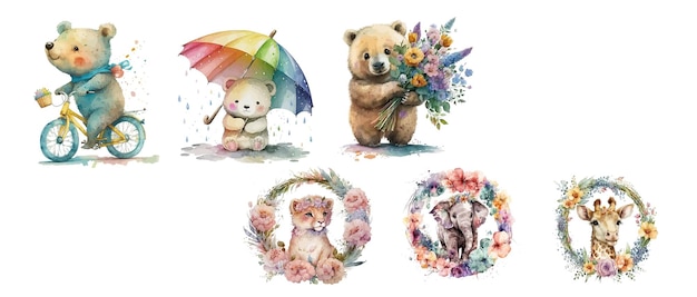 Whimsical Watercolor Illustrations of Cute Animals Engaging in Various Activities Surrounded by Floral