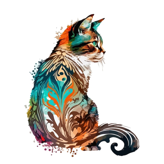 Whimsical watercolorstyle cat with abstract splashes Colorful vector illustration