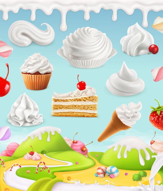 Vector whipped cream, milk, cream, ice cream, cake, cupcake, candy, mesh illustration