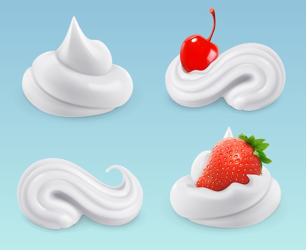 Vector whipped cream, sweet cream, cherries and strawberries, vector set