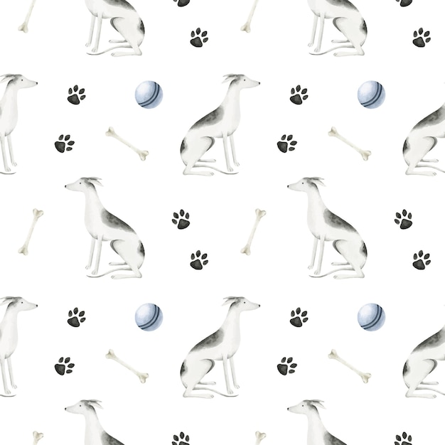 A whippet dogs A pet dogs The hound dog Dogs paws balls and bones Watercolor seamless pattern